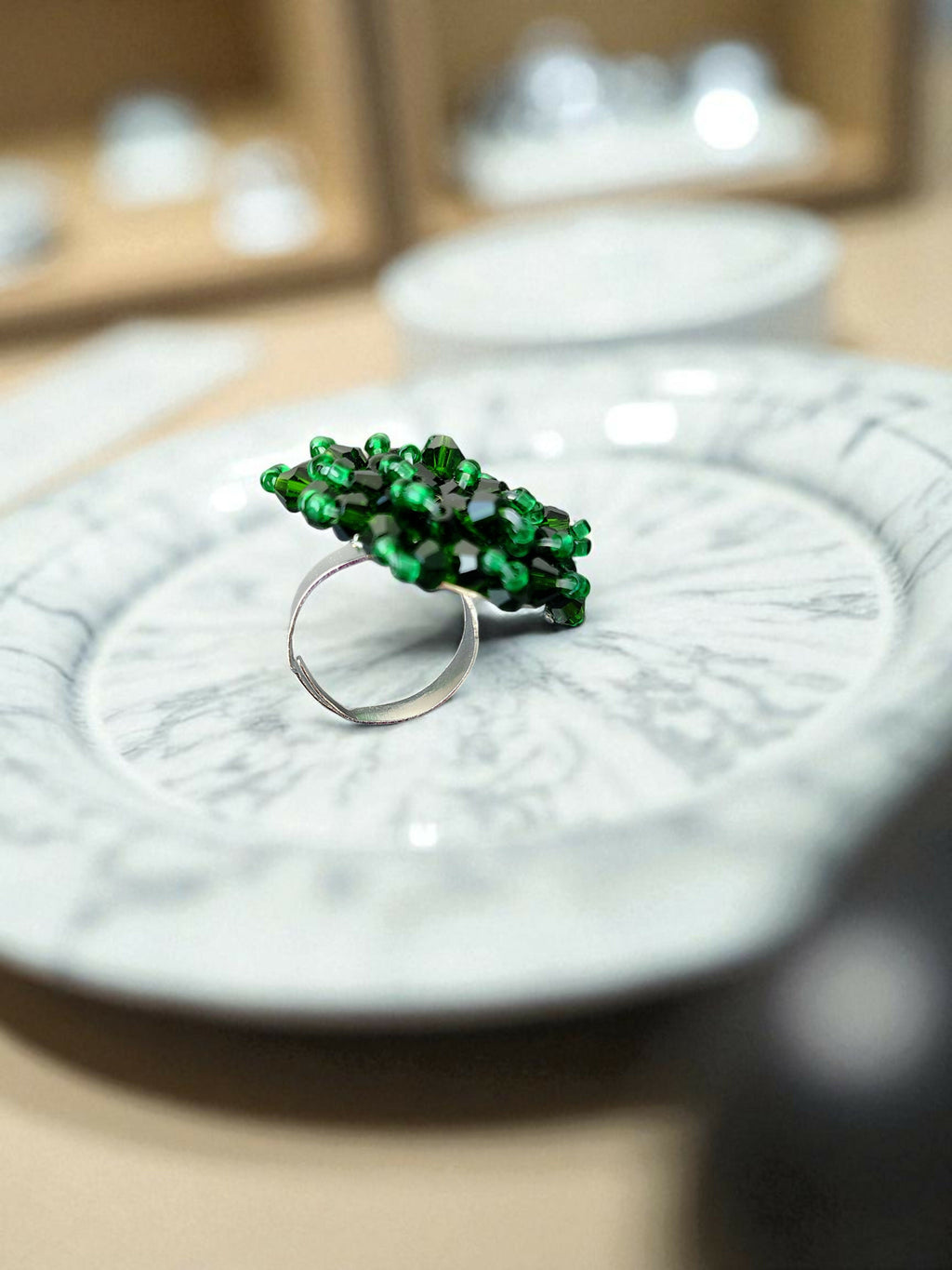 Inhanns Rang-E-Roshan Adjustable Ring – Handmade Crystal Statement Ring - Dark Green