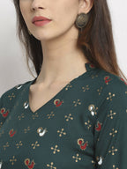 Rudra Bazaar Floral Printed A-Line Flared Green Kurti - Distacart