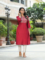 Juniper Women's Maroon Solid Rayon Kurti With Mirror Work & Sequins