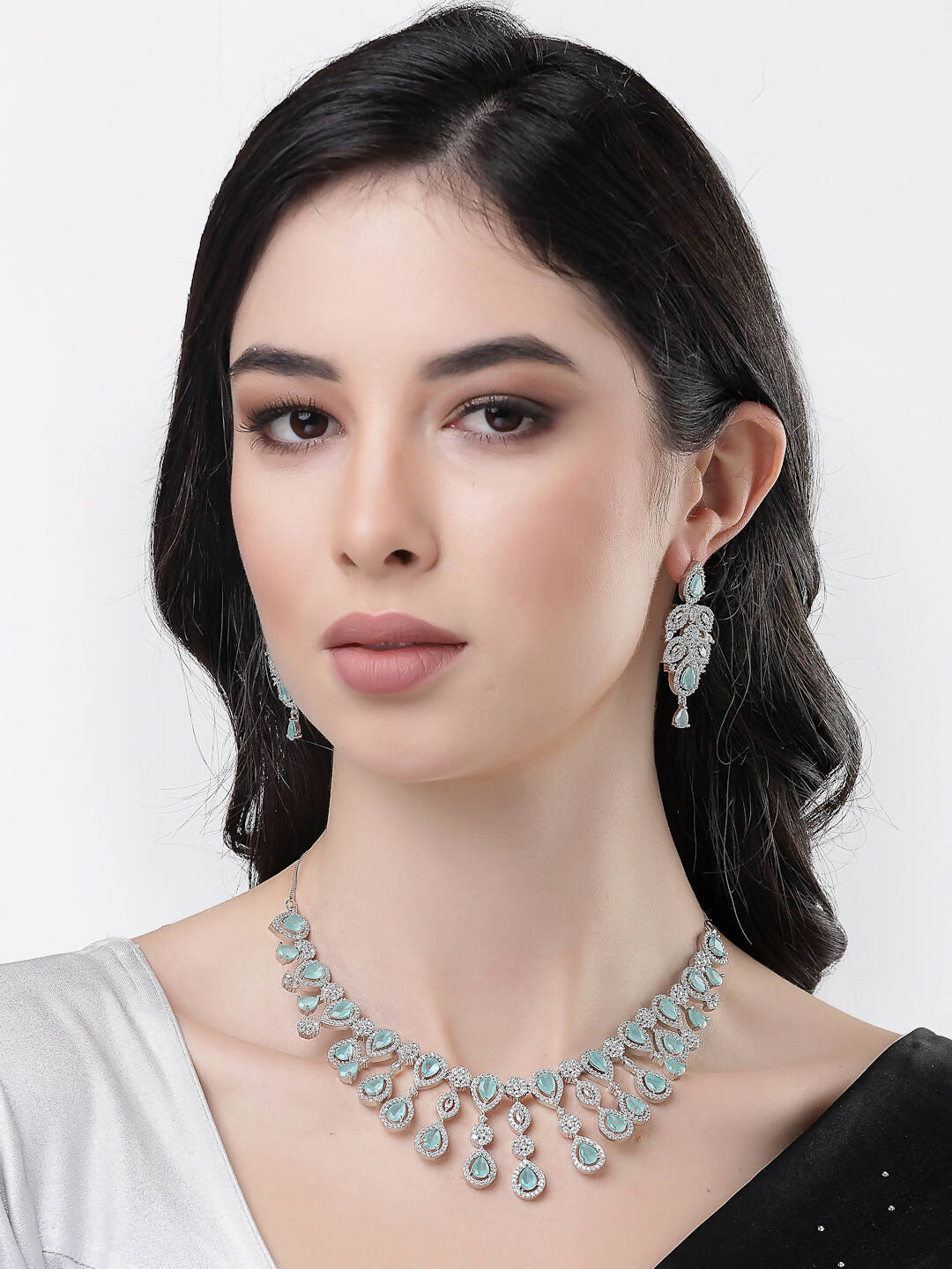 NVR Women Silver Plated & Turquoise Cz Stone Handcrafted Jewellery Set