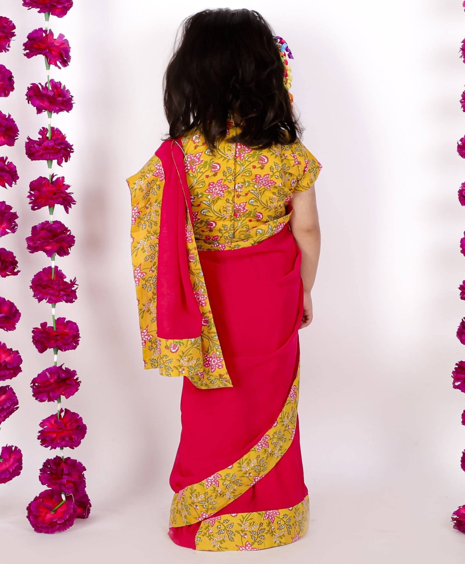 Little Bansi Girls Yellow and Magenta Red Saree with Floral Blouse