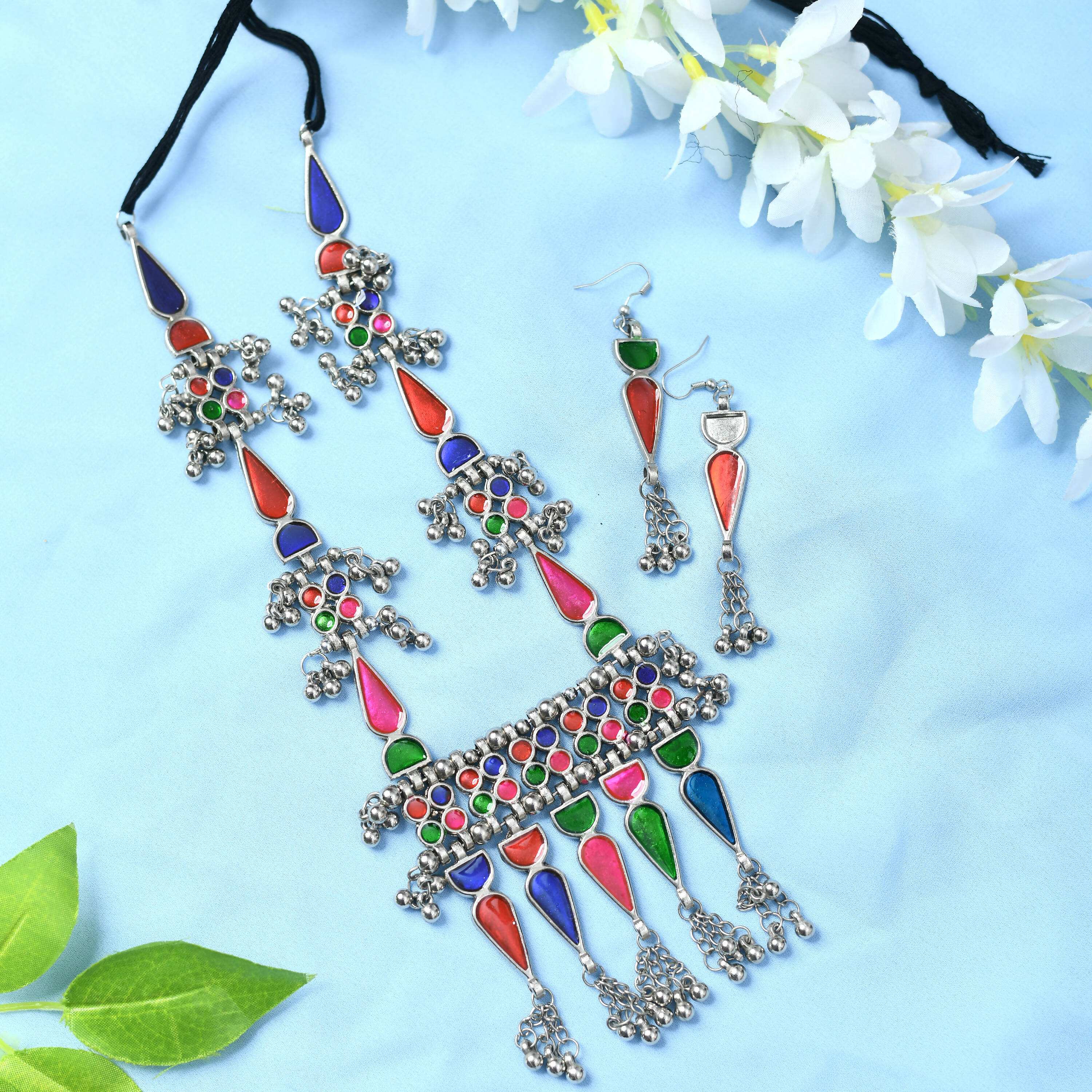 Mominos Fashion Johar Kamal Oxidised Silver-Plated Meenakari Multi Long Necklace Set For Women - Distacart