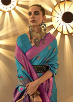 Trendy Weaving Silk Turkish Blue Designer Saree - Emponline