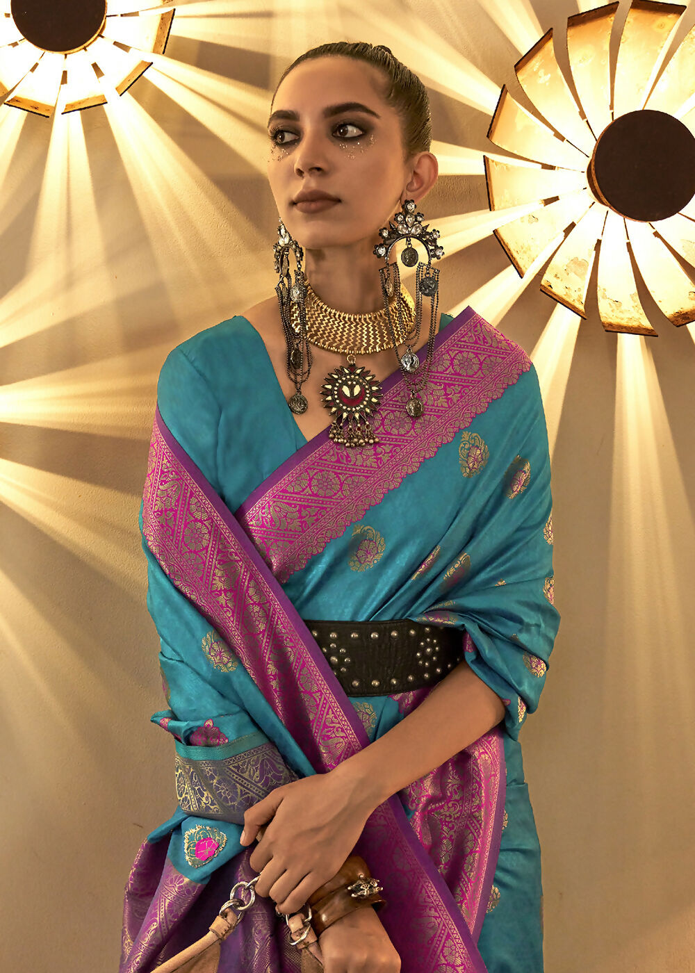 Trendy Weaving Silk Turkish Blue Designer Saree - Emponline