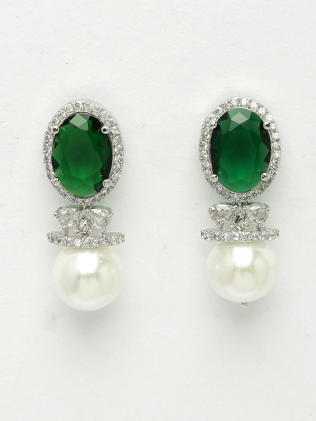 NVR Women's Silver-Plated Green American Diamond Studded Handcrafted Jewellery Set