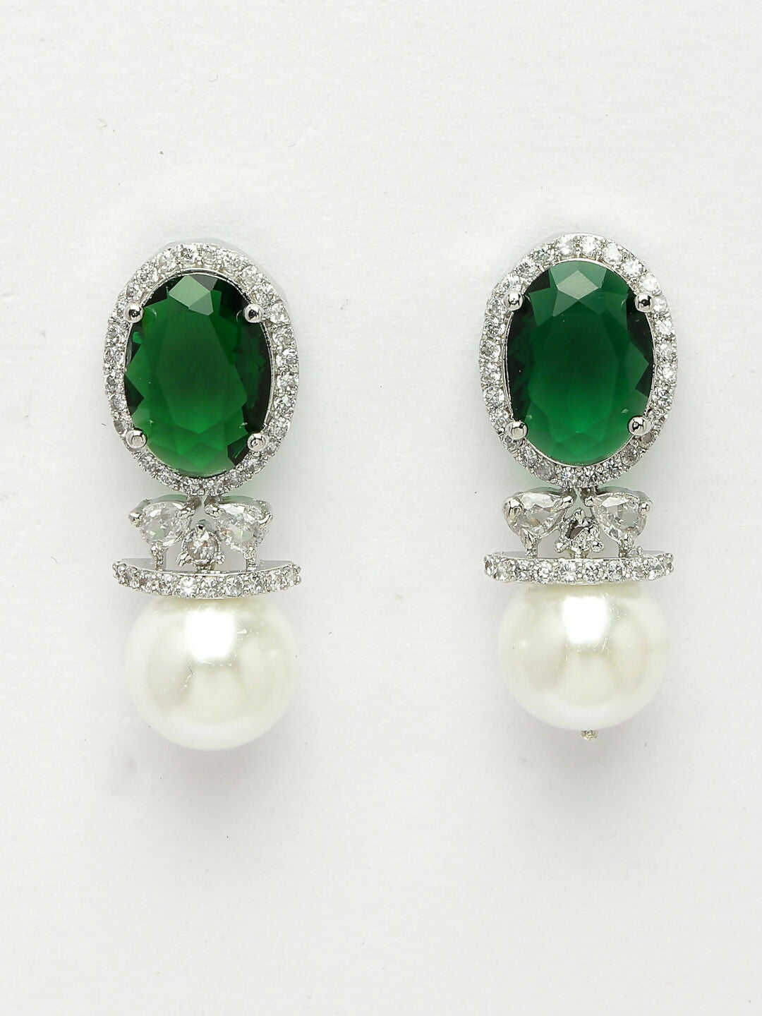 NVR Women's Silver-Plated Green American Diamond Studded Handcrafted Jewellery Set
