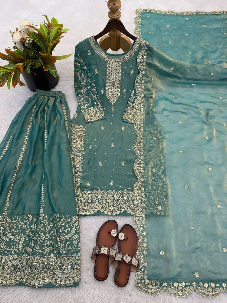Teeya Creation Turquoise Color Fendy Silk Embroidery Work Wedding Wear Salwar Suit - Distacart