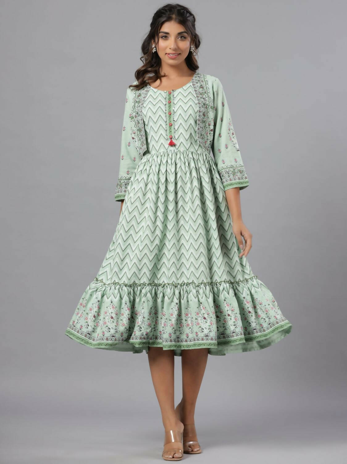 Juniper Women Sage Green Rayon Printed Jacket Style Midi Dress - Distacart