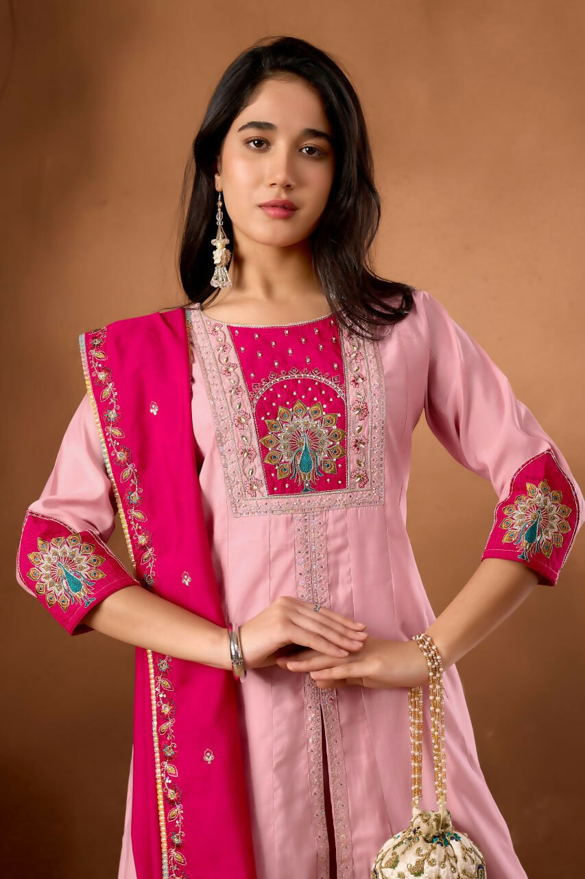 Lehenga Mart Designer Front-Slit Kurta, Paired With Wide-Leg Palazzo Pants And A Dupatta.-Rose Pink - Distacart