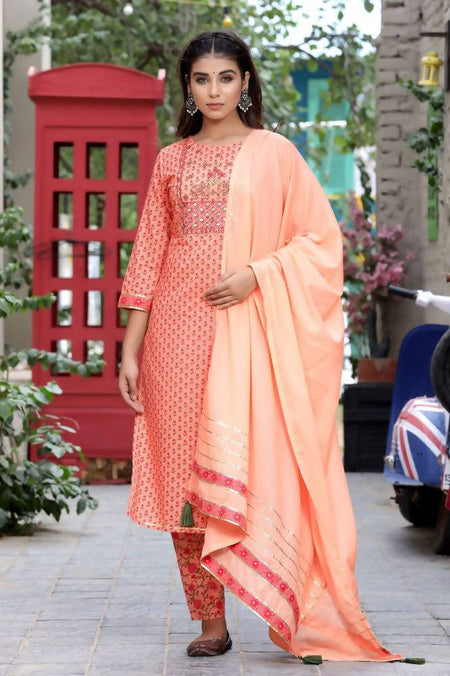 Yufta Women Peach Floral Mirror Work Pure Cotton Kurta with Trouser and Dupatta