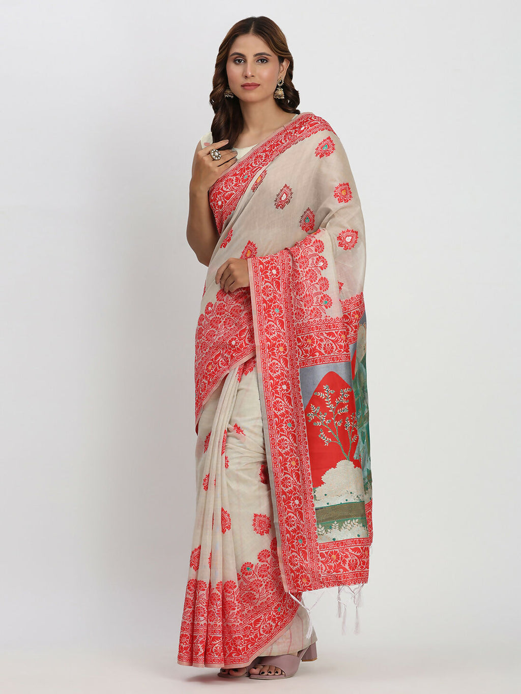 Shree Shyam Fashion Linen Cotton Cream & Red Saree - Distacart