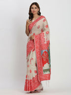 Shree Shyam Fashion Linen Cotton Cream & Red Saree - Distacart