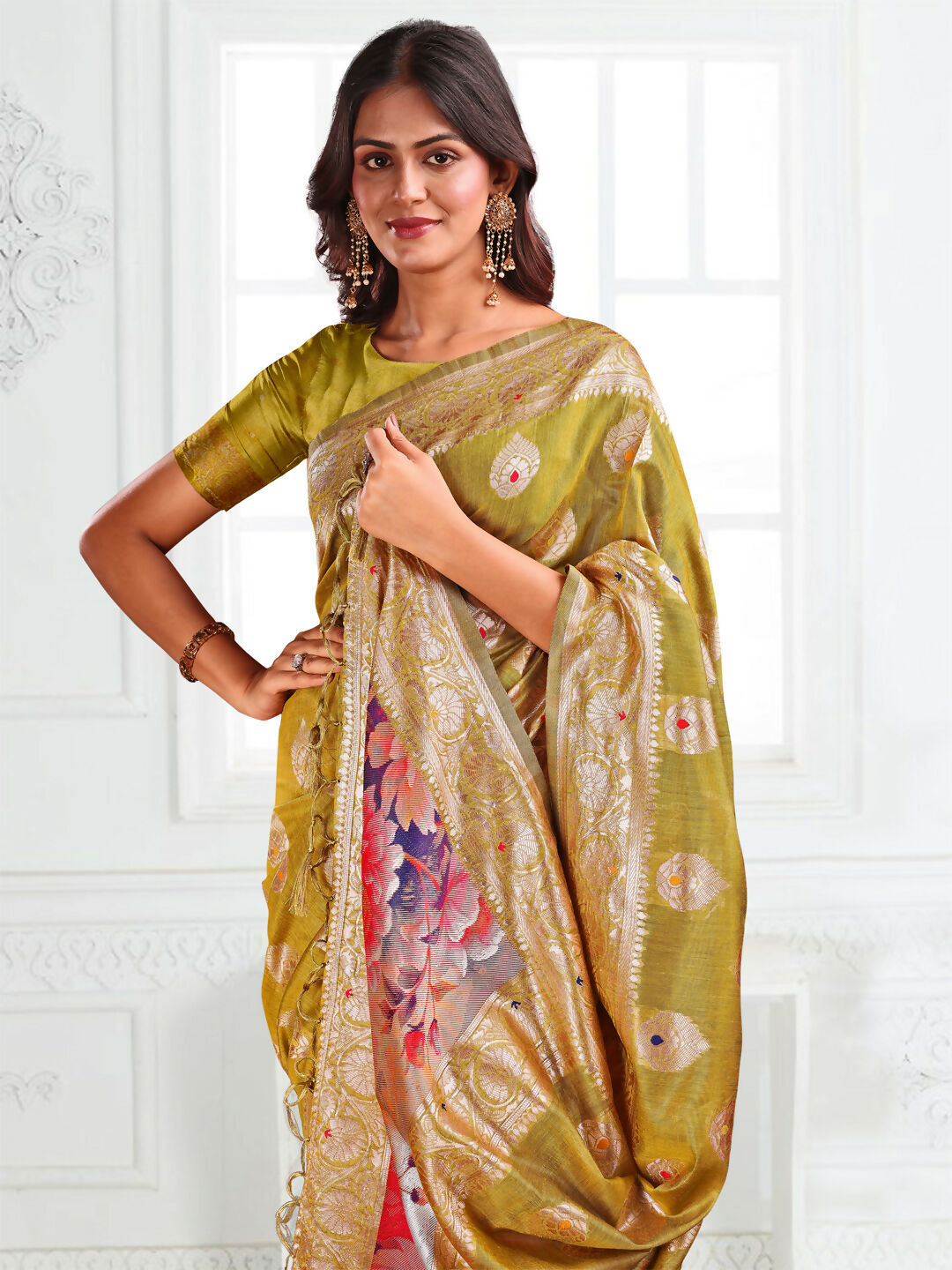Shree Shyam Fashion Linen Cotton Mhendi Green Saree - Distacart
