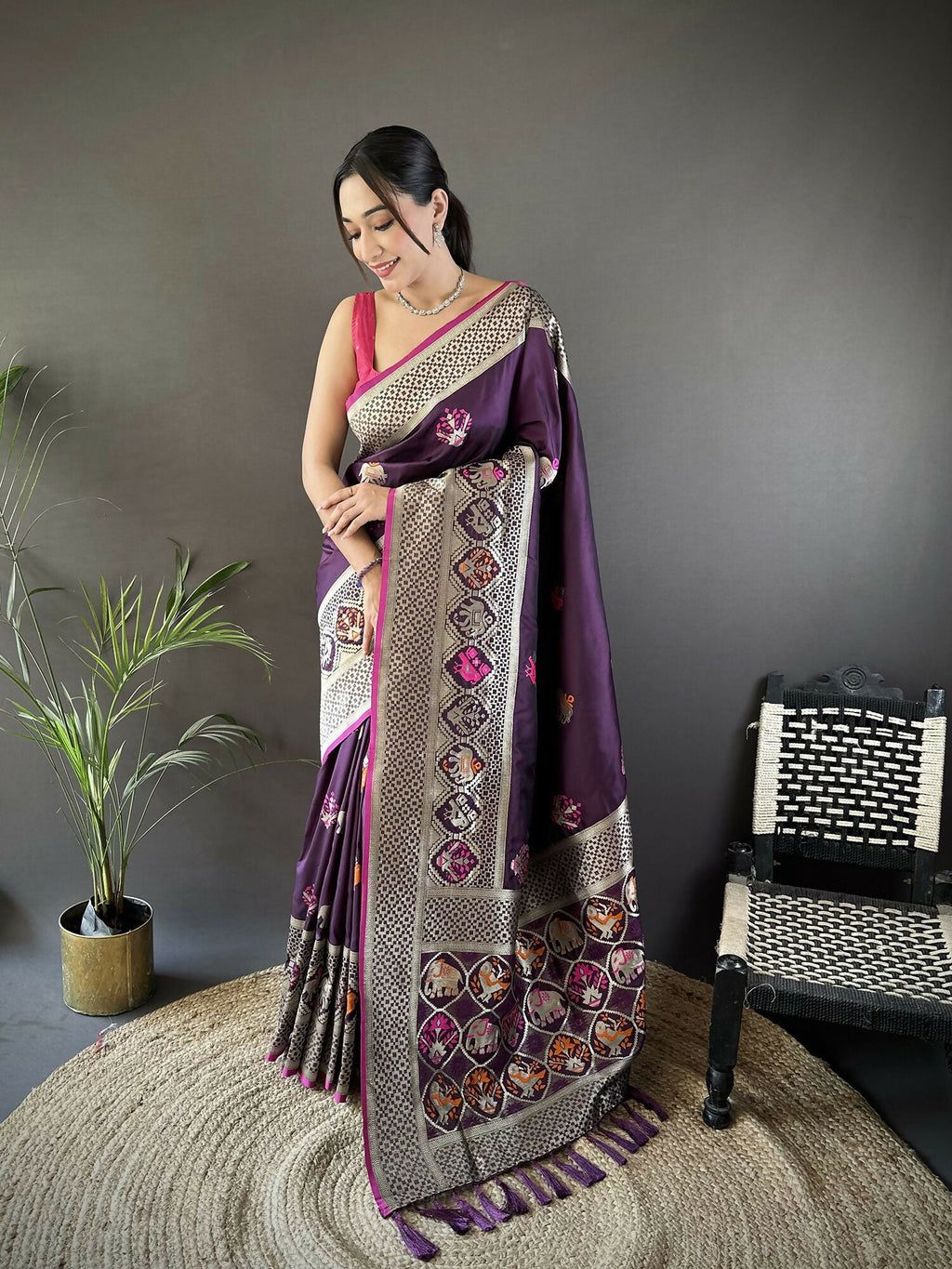 Joban Fashion Wine Elephant & Floral Motifs Soft Lichi Silk Banarasi Saree - Distacart