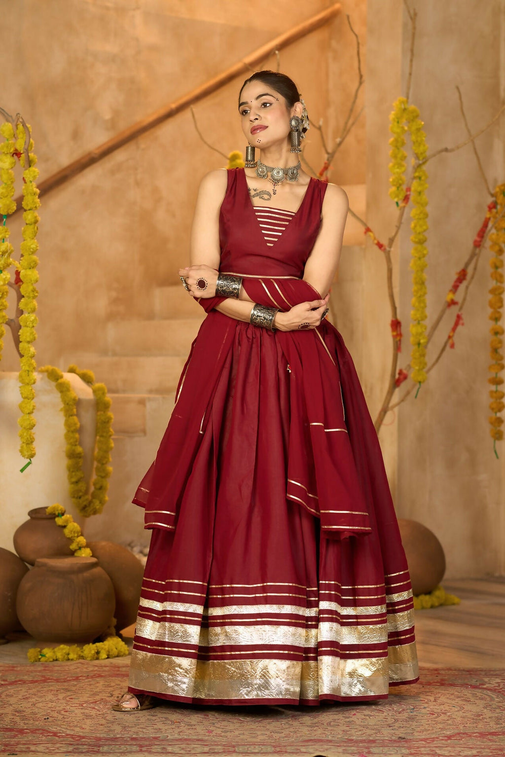 AI Fashion Maroon Silk Crepe Designer Navratri Wear Lehenga Choli Collection