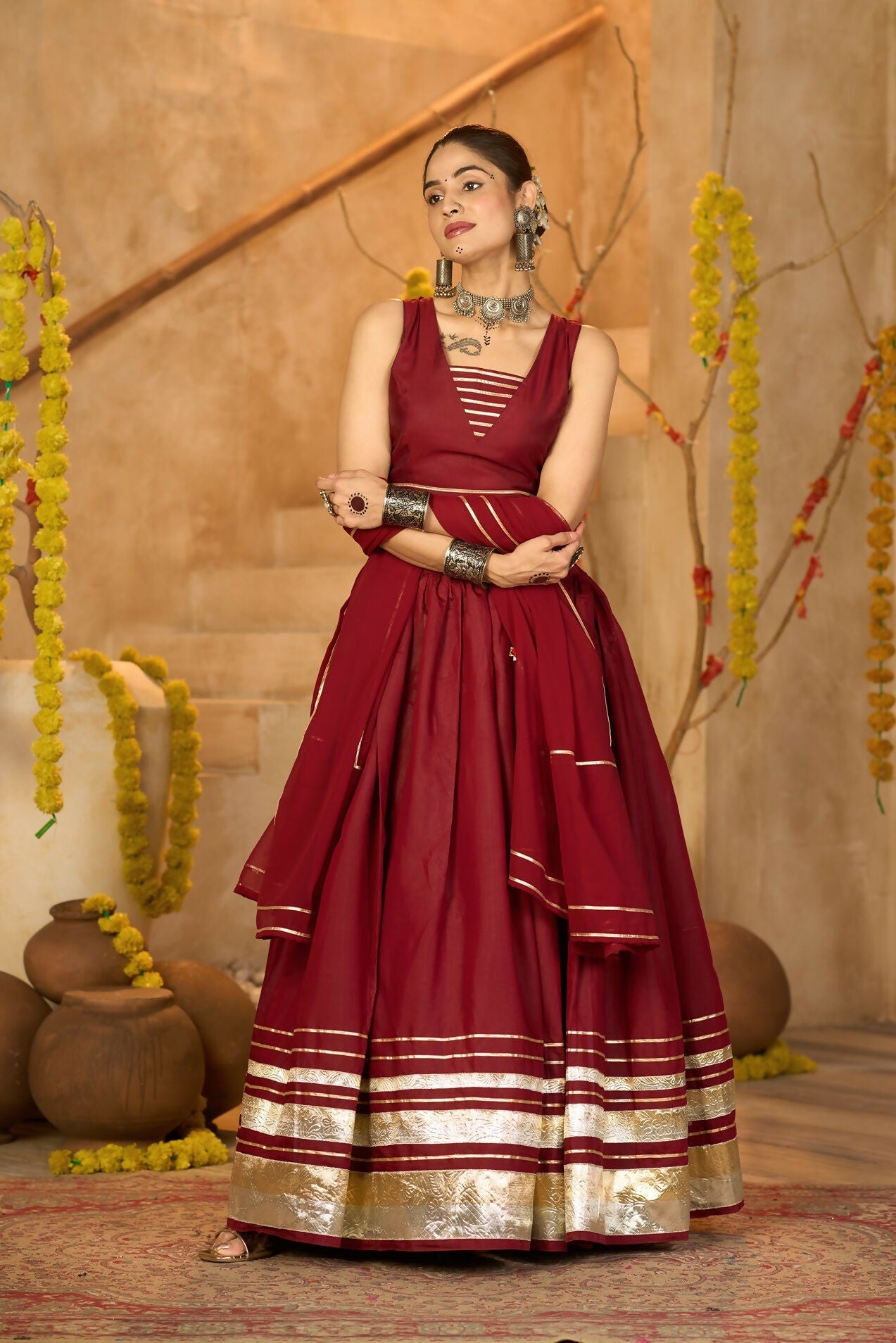 AI Fashion Maroon Silk Crepe Designer Navratri Wear Lehenga Choli Collection