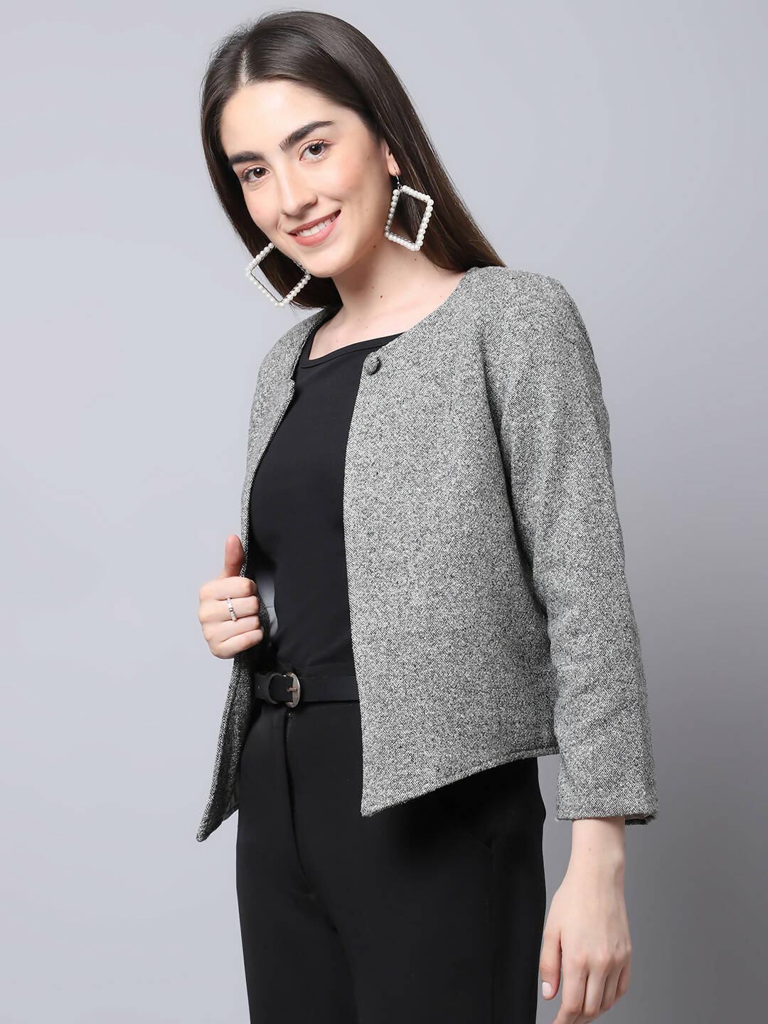 Even Apparels Grey Pure Wool Open Front Statement Women's Jacket - Distacart