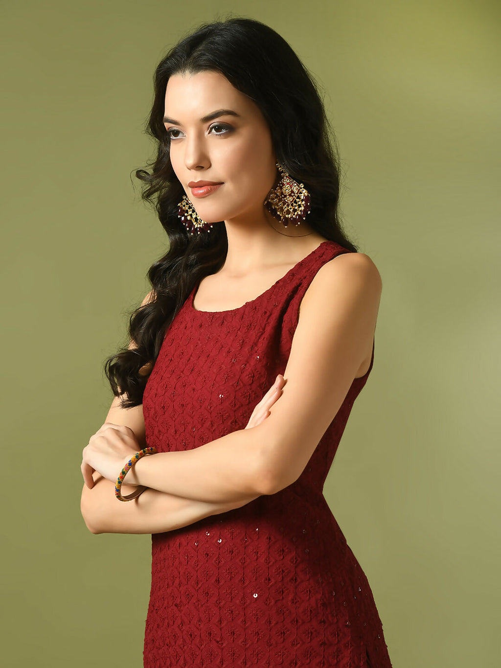 Myshka Women's Maroon Embroidered Cotton Straight Party Kurta Set