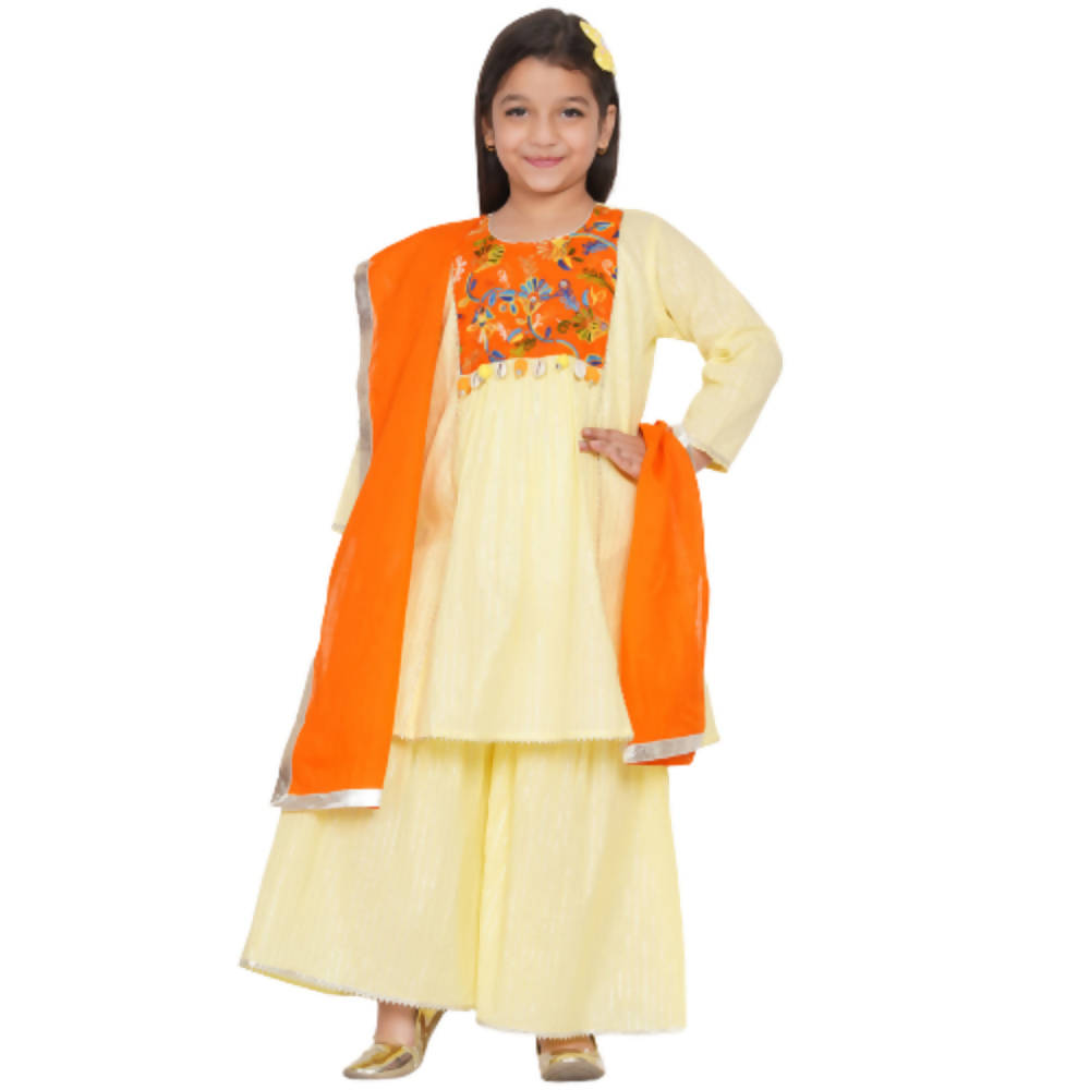 Little Bansi Girls Yellow & Orange Color Mirror work Kurta frock with Sharara & Dupatta