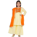 Little Bansi Girls Yellow & Orange Color Mirror work Kurta frock with Sharara & Dupatta