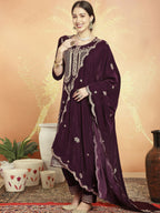 Jyoti Fashion Women's Wine Velvet Cording with Resham Thread & Sequin Kurta with Trouser & Dupatta
