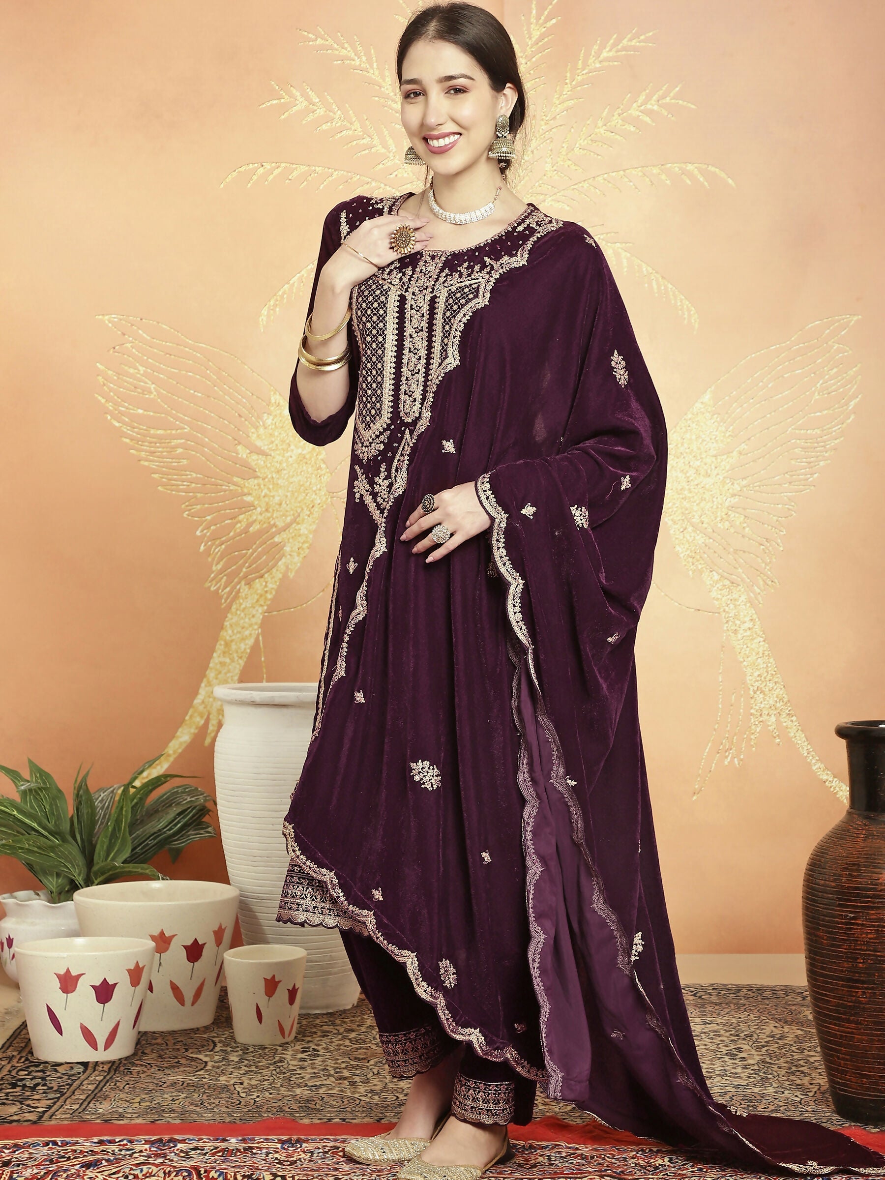Jyoti Fashion Women's Wine Velvet Cording with Resham Thread & Sequin Kurta with Trouser & Dupatta