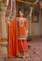 Anaita Orange Chinon Readymade Palazzo Suit with Codding Dori & Sequence Work - Distacart