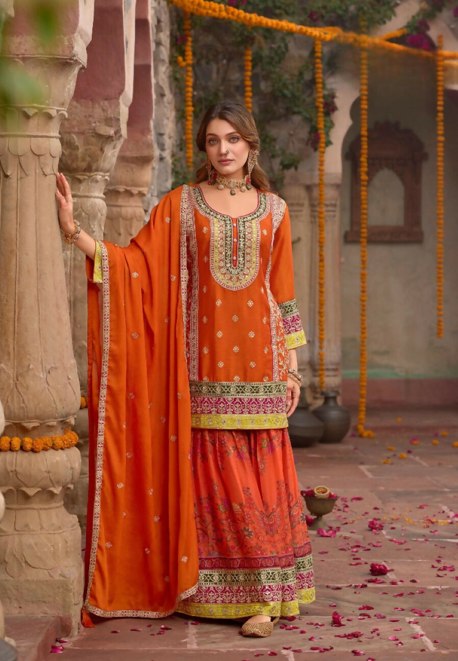 Anaita Orange Chinon Readymade Palazzo Suit with Codding Dori & Sequence Work - Distacart