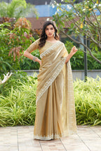 Vastranavya Beige Embroidery Work Shimmer Chiffon Saree with Unstitched Blouse - Distacart