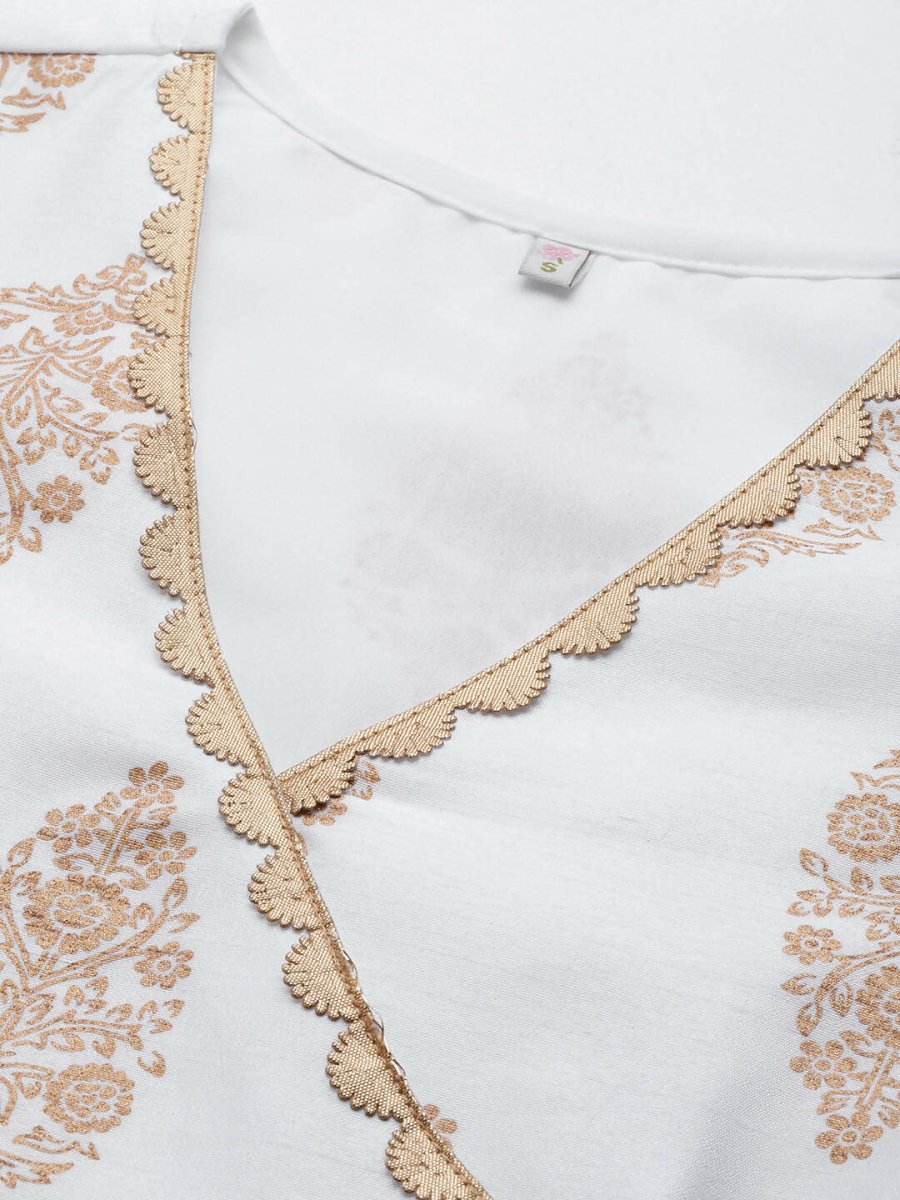 Ahalyaa Women White & Golden Ethnic Printed Tunic - Distacart