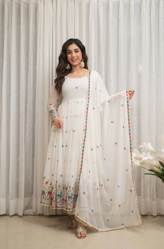 Joban Fashion White Georgette Sequence Embroidery Work Readymade Kurta Set - Distacart