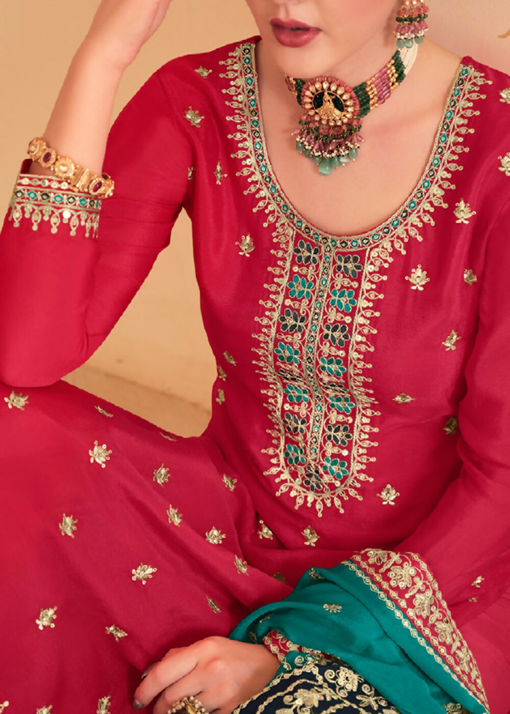 Dazzling Red Embroidered Chinnon Palazzo Salwar Kurta - Emponline