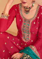 Dazzling Red Embroidered Chinnon Palazzo Salwar Kurta - Emponline