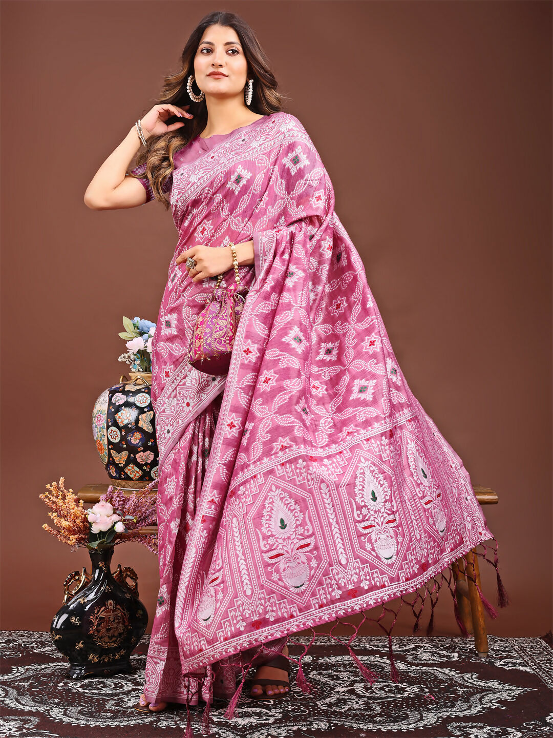 Shree Shyam Fashion Pankhuri Pink Linen Cotton Saree