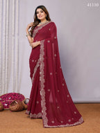 Maroon Silk Georgette Cord Embroidery Saree - Norita Saumya
