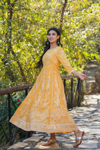 Juniper Yellow Floral Printed Georgette Maxi Dress With Beads Kantha Work & Sequins At Neckline - Distacart
