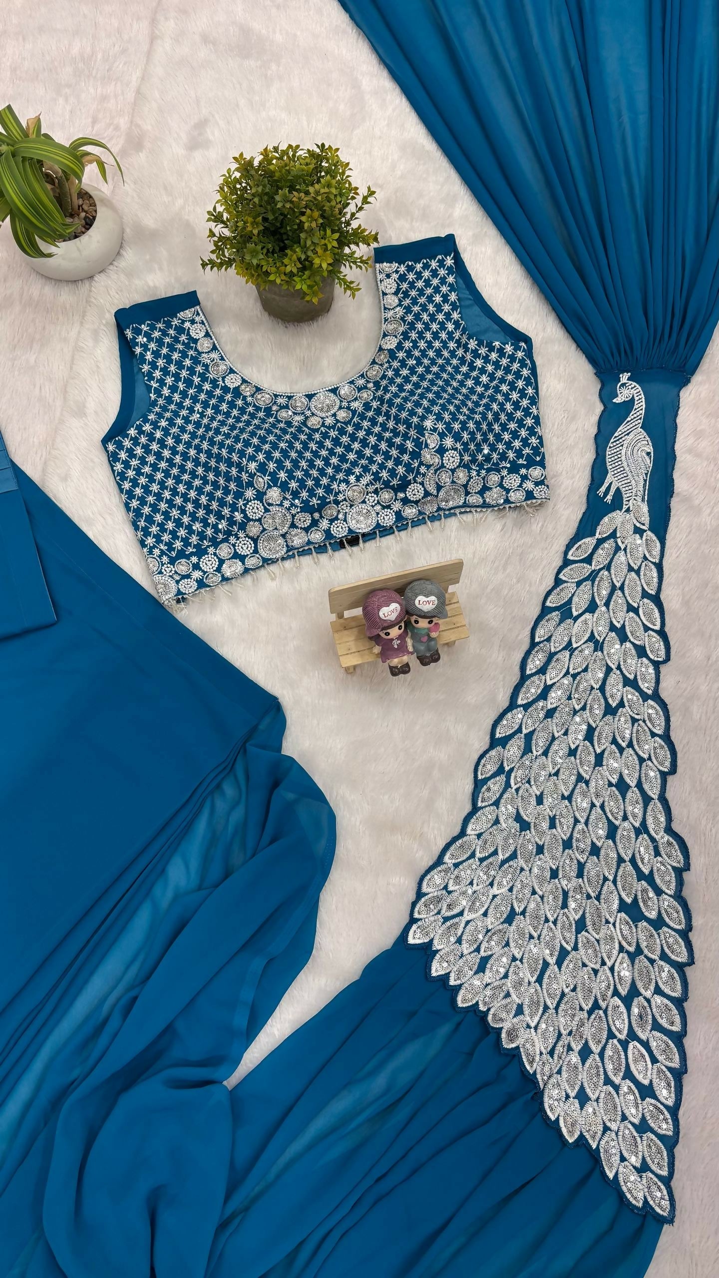 Teeya Creation Blue Color Faux Georgette Embroidery Work Party Wear Ready To Wear Saree - Distacart