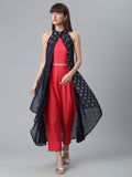 Ahalyaa Women Red Crepe Solid kurta Pant with Printed Jacket - Distacart