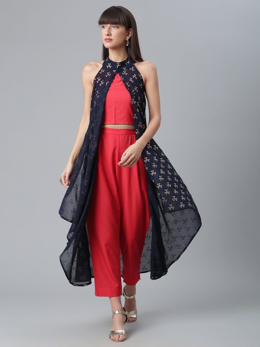 Ahalyaa Women Red Crepe Solid kurta Pant with Printed Jacket - Distacart