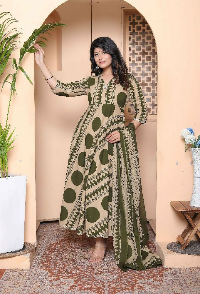 Miravan Women'S Polka Dot Printed Pure Cotton Anarkali Kurta With Dupatta - Distacart
