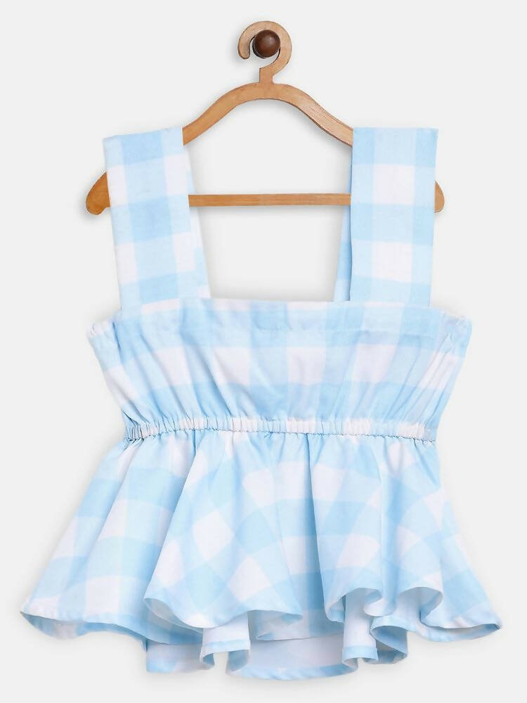 Ahalyaa Sky Blue Rayon Checked Kids Top With Skirts For Girls