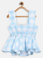 Ahalyaa Sky Blue Rayon Checked Kids Top With Skirts For Girls