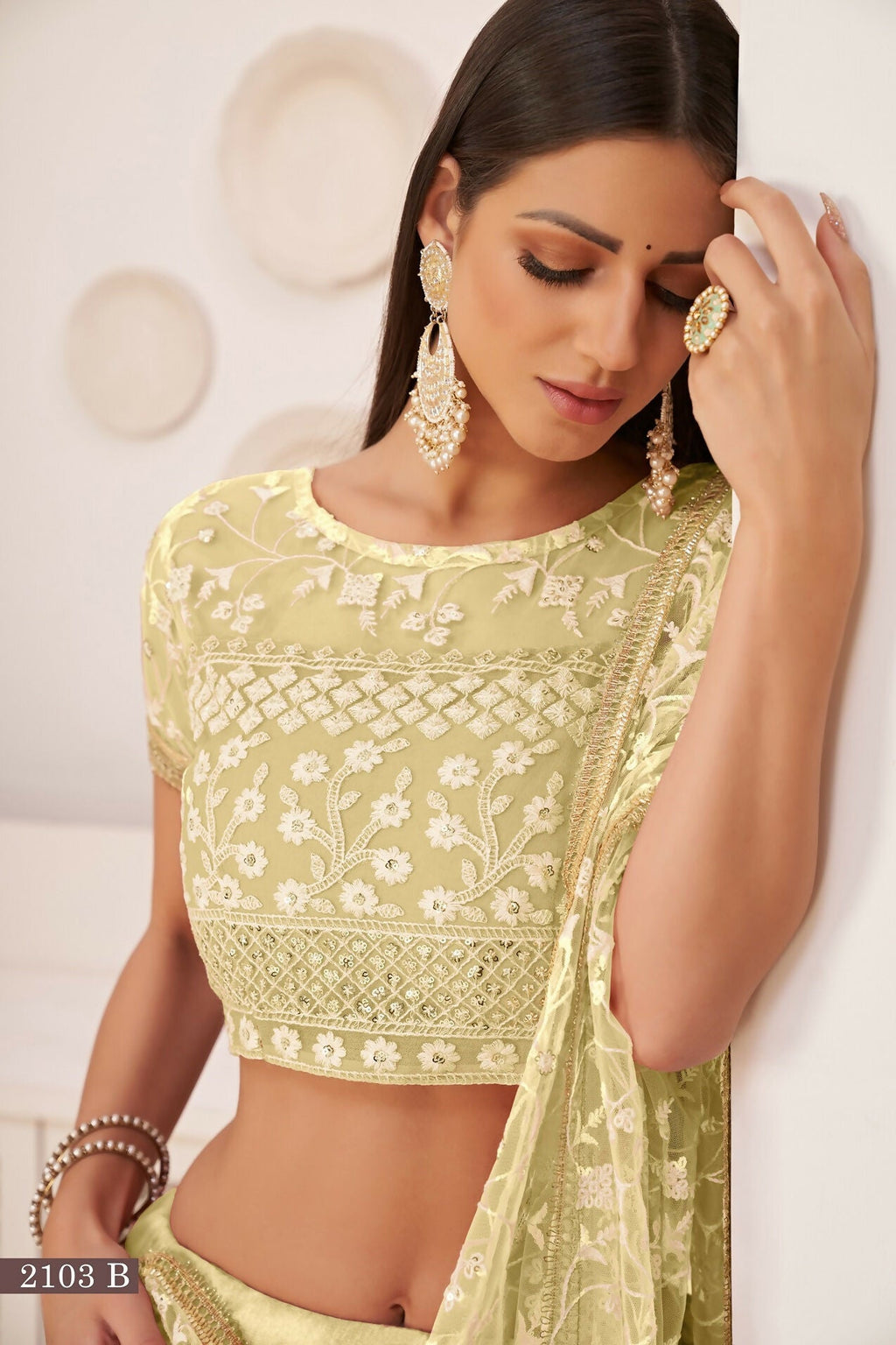 Eilara Lemon Green Net Floral Embroidered Lehenga Choli Set