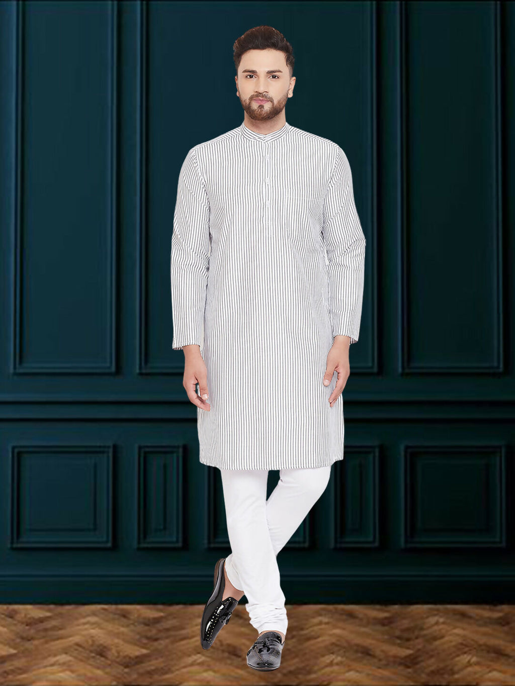 Even Apparels Men's Black and White Striped Kurta