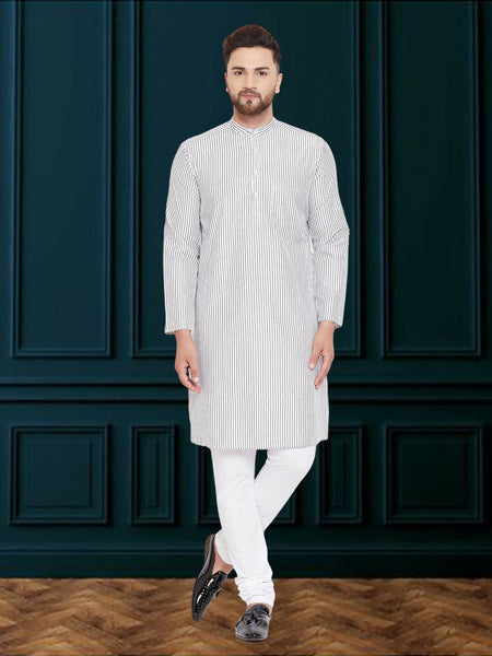Even Apparels Men's Black and White Striped Kurta