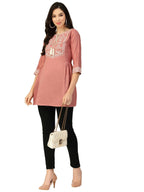 Peach Chinon Slub Floral Embroidered Top - Zeny