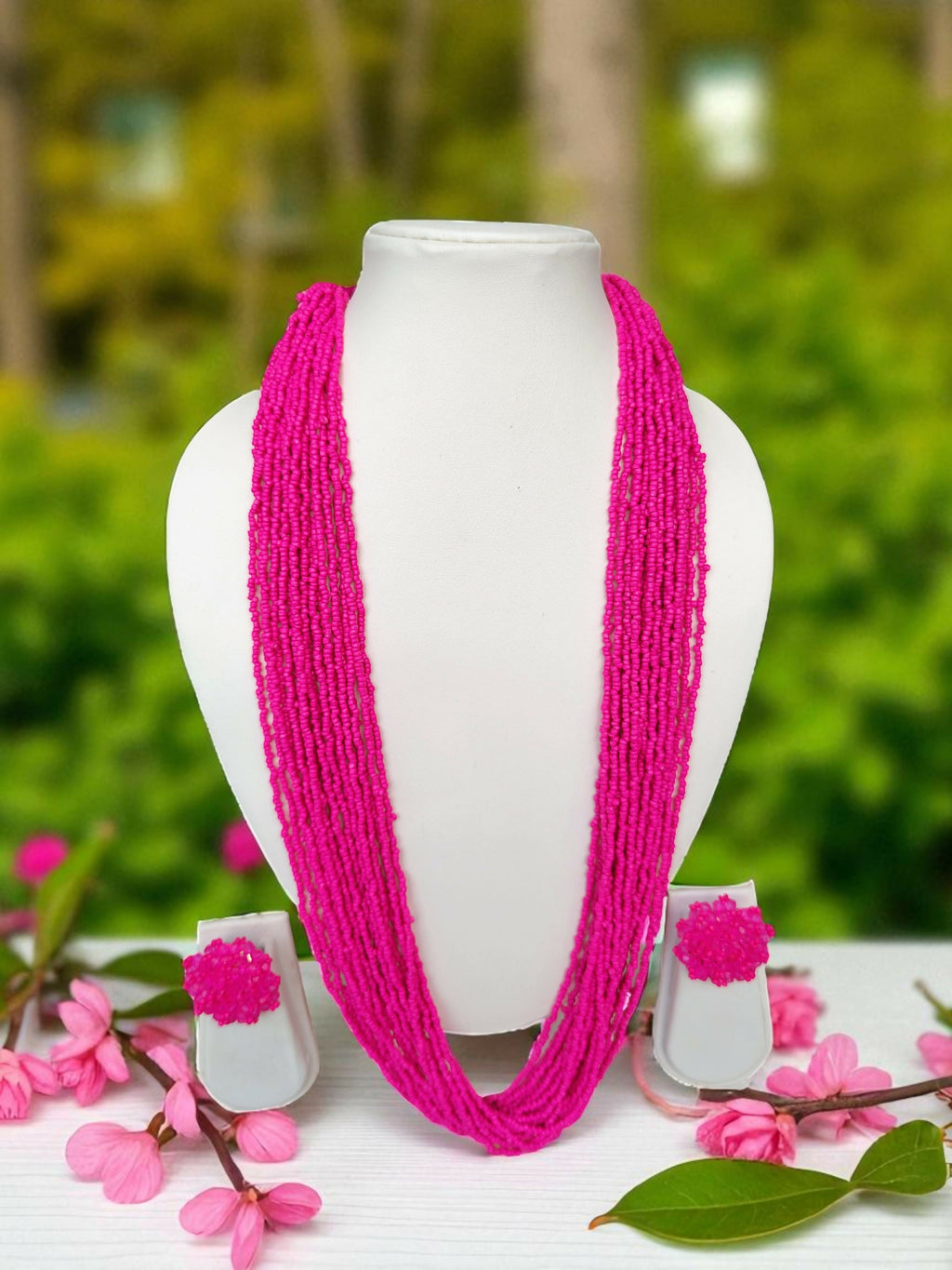 Inhanns Rangsaaz 20-Layer Luxe Long Beaded Necklace (With Optional Statement Earrings) - Pink With Earring