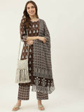 FIORRA Women's Brown Cotton Straight Kurta Pant With Dupatta