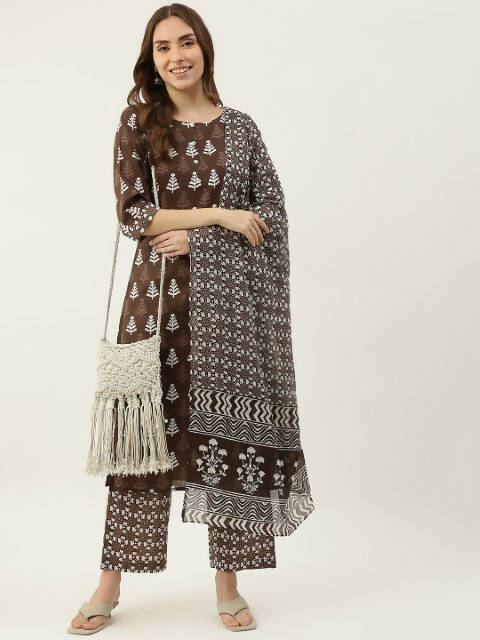 FIORRA Women's Brown Cotton Straight Kurta Pant With Dupatta
