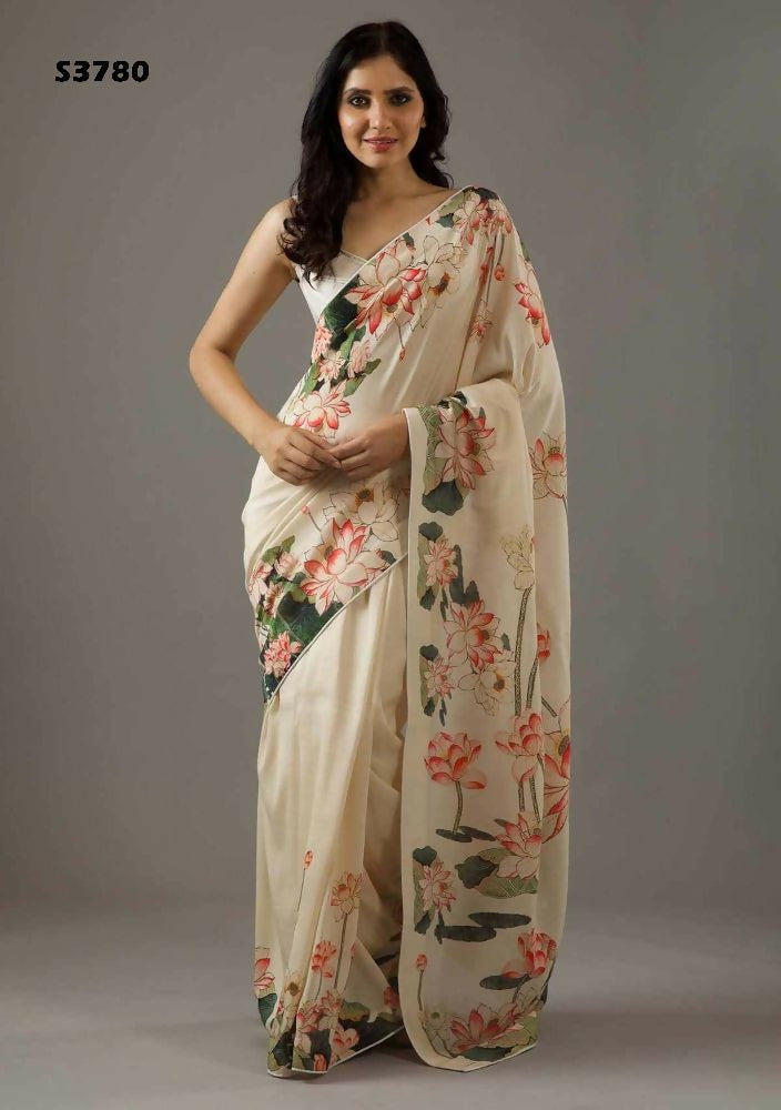 Cream Bright Moss Designer Digital Printed Party Wear Saree - Be Verly